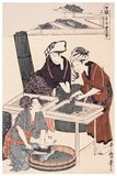 3. 'Feeding the silkworms', depicting a girl dicing the mulberry leaves on a block in the foreground while two others are feeding the worms on trays in the background.<br/><br/>

Kitagawa Utamaro (ca. 1753 - October 31, 1806) was a Japanese printmaker and painter, who is considered one of the greatest artists of woodblock prints (ukiyo-e). He is known especially for his masterfully composed studies of women, known as bijinga. He also produced nature studies, particularly illustrated books of insects.