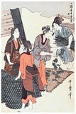 'The great awakening of the silkworms', depicting three girls tearing off the leaves from mulberry branches to feed the silkworms while another arrives with fresh branches.<br/><br/>

Kitagawa Utamaro (ca. 1753 - October 31, 1806) was a Japanese printmaker and painter, who is considered one of the greatest artists of woodblock prints (ukiyo-e). He is known especially for his masterfully composed studies of women, known as bijinga. He also produced nature studies, particularly illustrated books of insects.