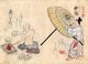 Japan: Traditional crafts and trades of the 18th century from a hand-painted album by an anonymous artist. Folio 22: Carpenter and Umbrella Maker